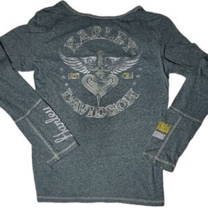 Harley Davidson* Long Sleeve T-Shirt* V-Neck* Blue Heather* Sz L